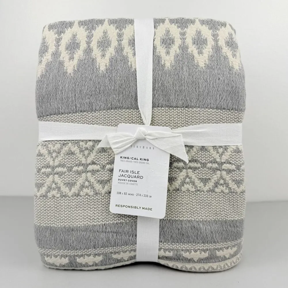 Pottery Barn Fair Isle Jacquard Duvet Cover King/Cal King Gray Cotton Linen NEW